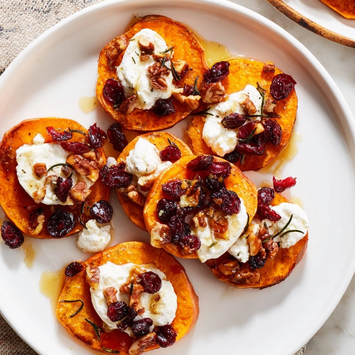 Close-up of vibrant Express Holiday Sweet Potato Rounds, ready for serving as a quick and elegant appetizer.