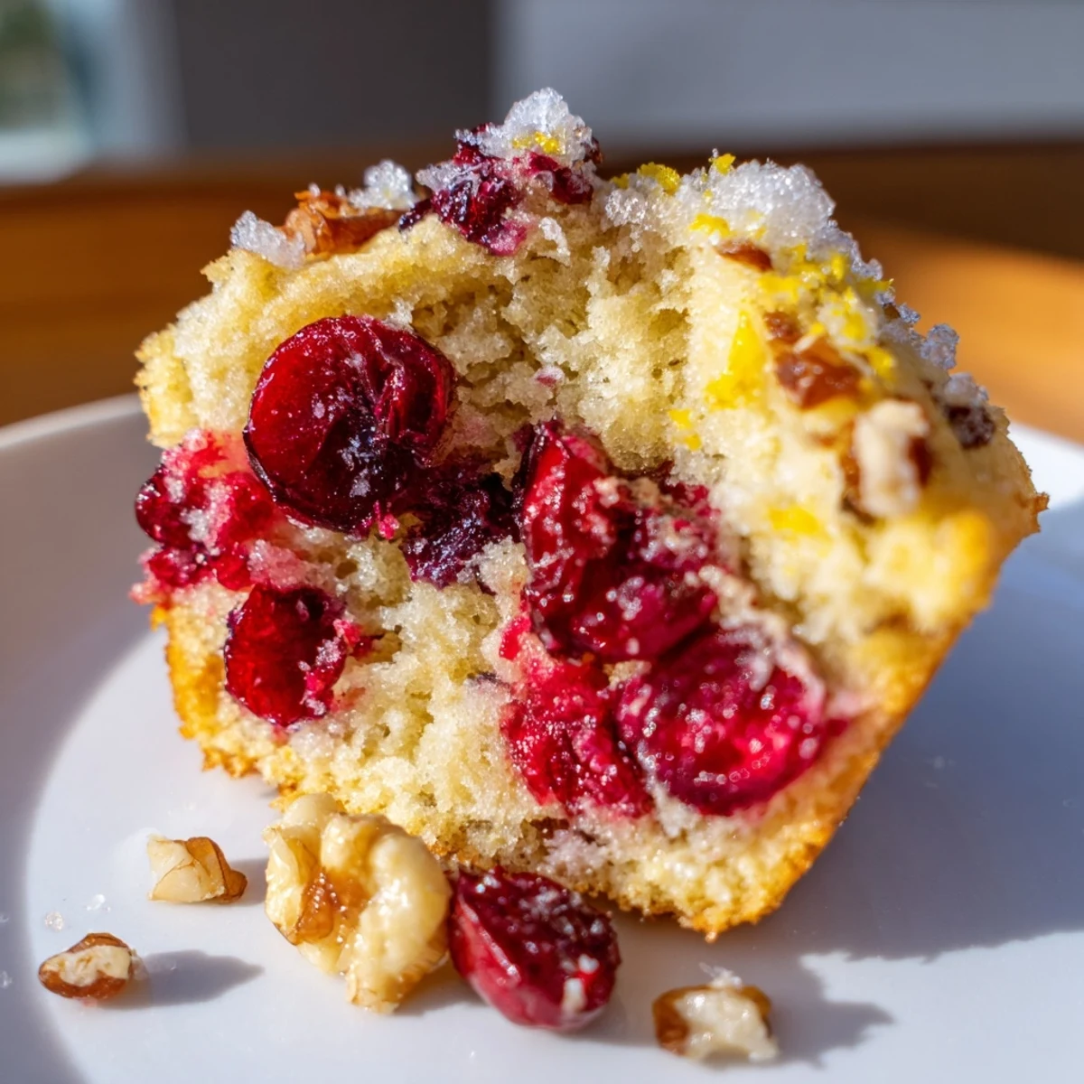 Golden-brown Quick Festive Cranberry Orange Muffins, with visible cranberries, perfect for a cozy morning.
