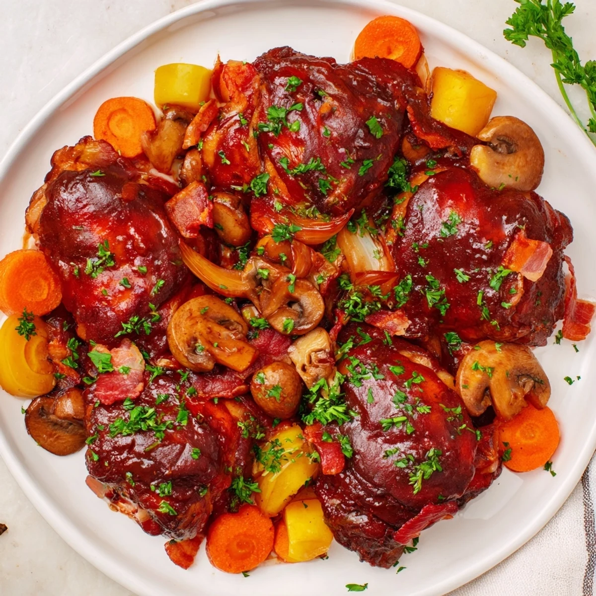 Savory Instant Pot Coq au Vin Style Chicken Thighs, served with a garnish of parsley and crispy bacon.