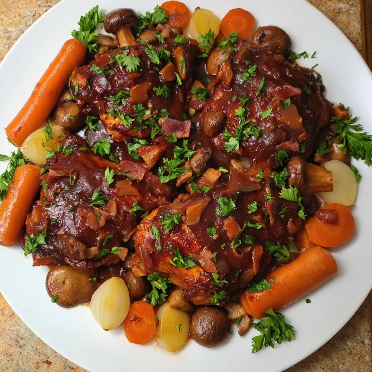 Tender Instant Pot Coq au Vin Style Chicken Thighs with rich, red wine sauce, offering savory aromas.