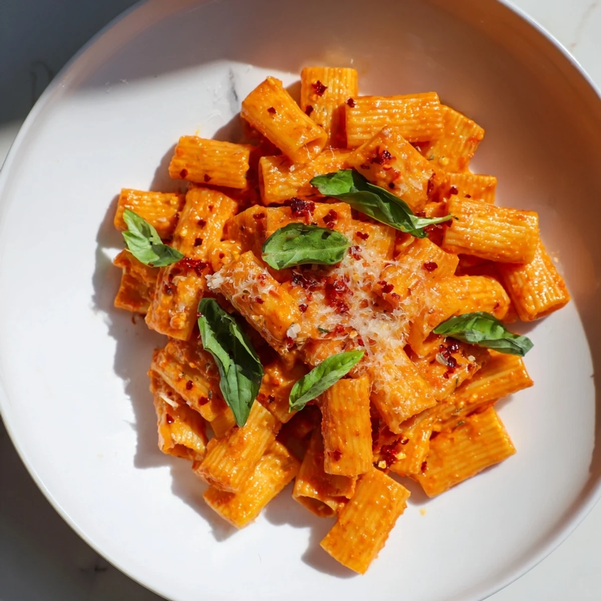 A steaming bowl of Spicy Vodka Sauce Ditalini, showing the rich tomato sauce and pasta.