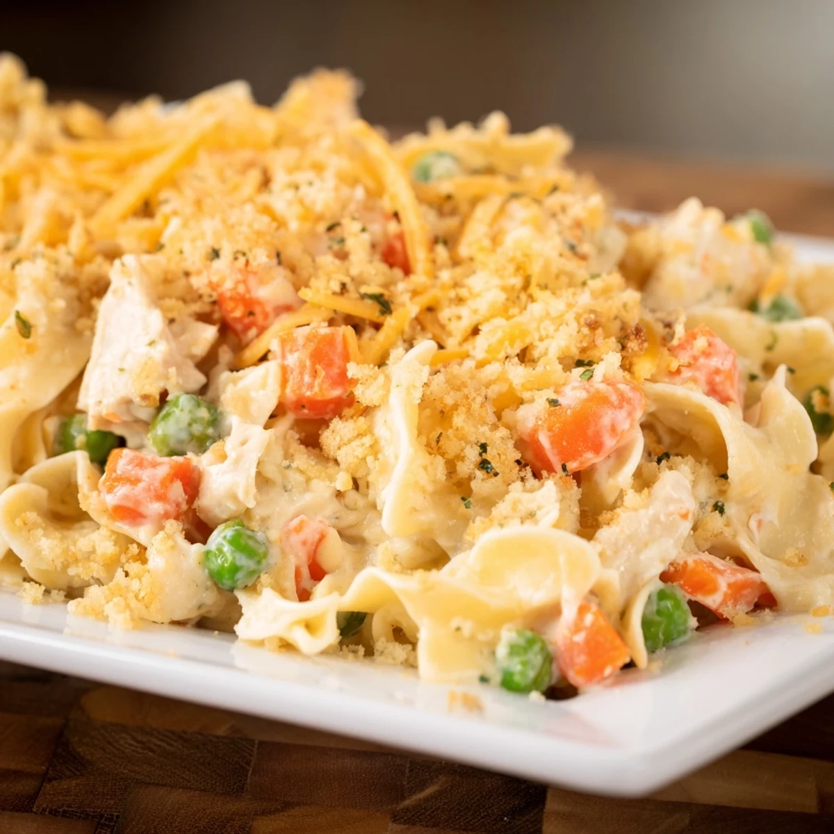 Golden, bubbly Baked Cream of Chicken Noodle Soup Pasta, a comforting family meal ready to serve.