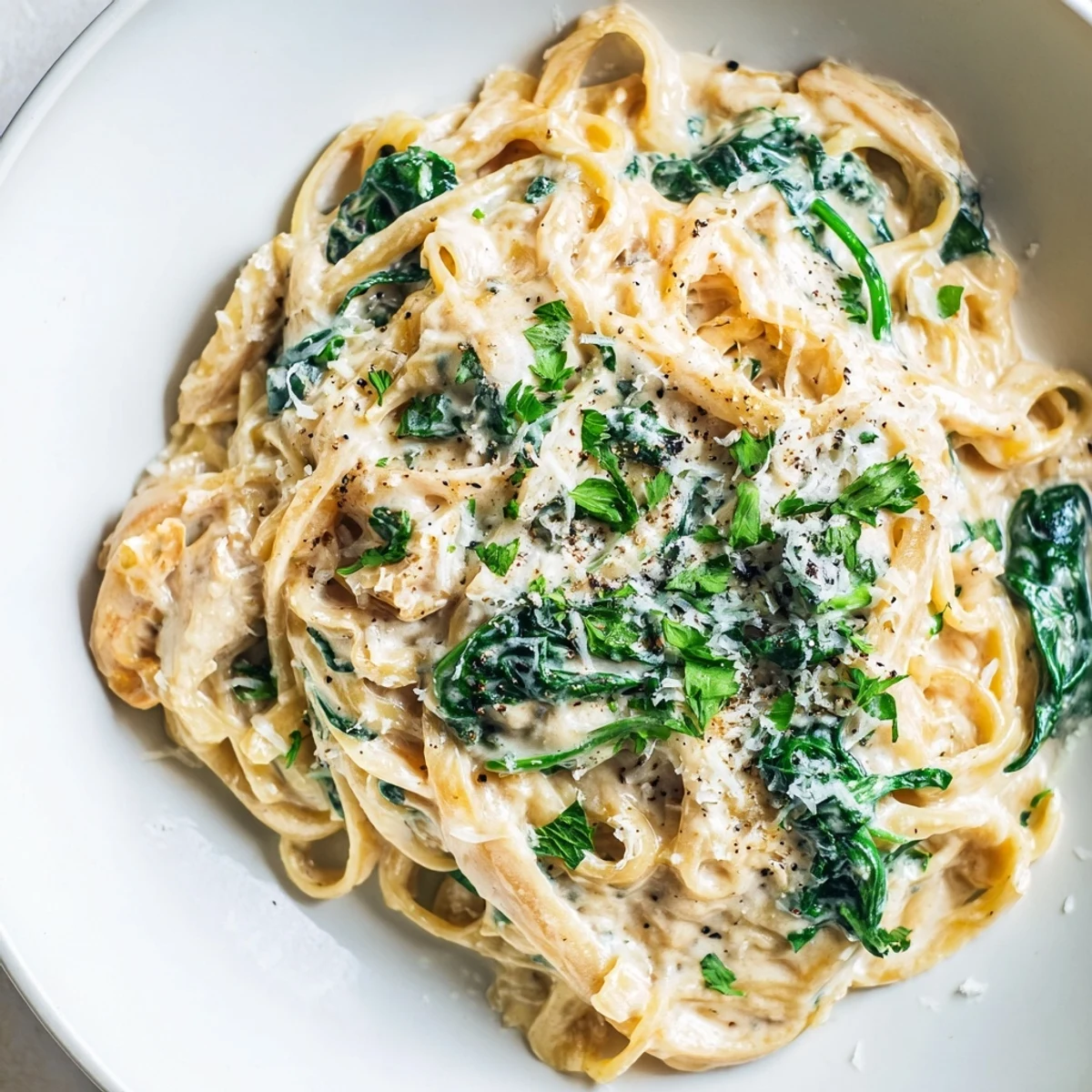 A steaming plate of Creamy Greek Yogurt Spinach Alfredo Pasta, showcasing a luscious, creamy, light sauce and tender noodles.