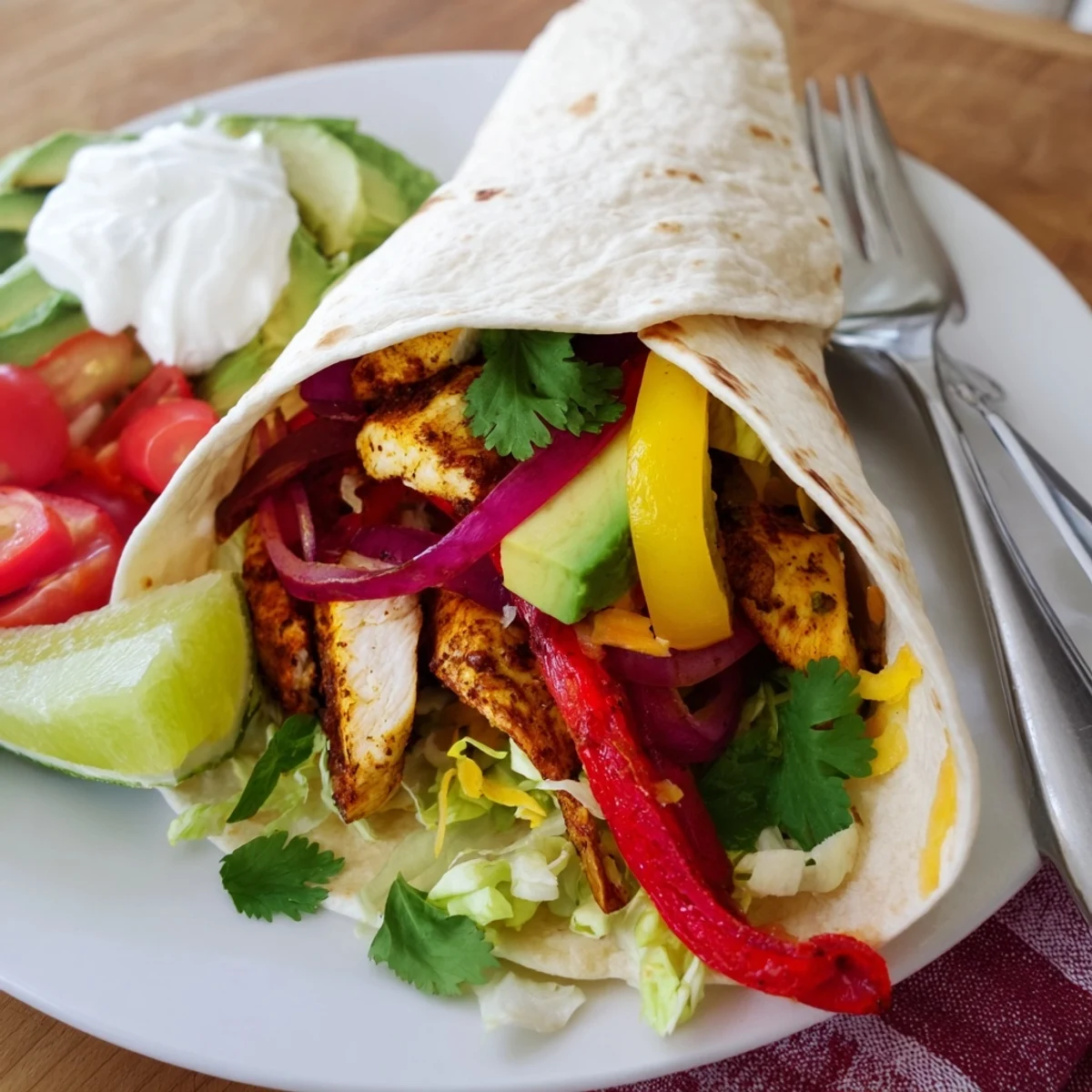 A delicious close-up of sheet-pan fajita chicken rainbow wraps, a quick and easy Tex-Mex meal idea.