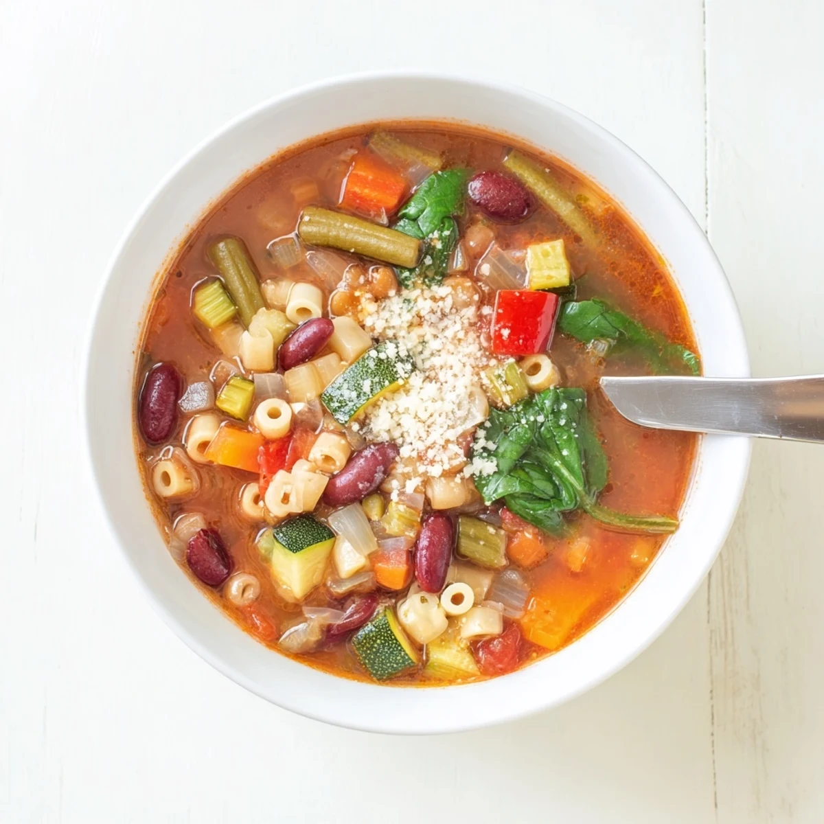 Steaming bowl of Veggie-Packed Minestrone Christmas Pasta Pot, ready to enjoy with crusty bread.