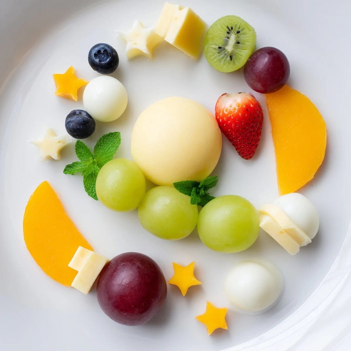 Discover a whimsical Comet & Planet Grazing Tray: cheeses, grapes, and crackers artistically displayed and inviting.