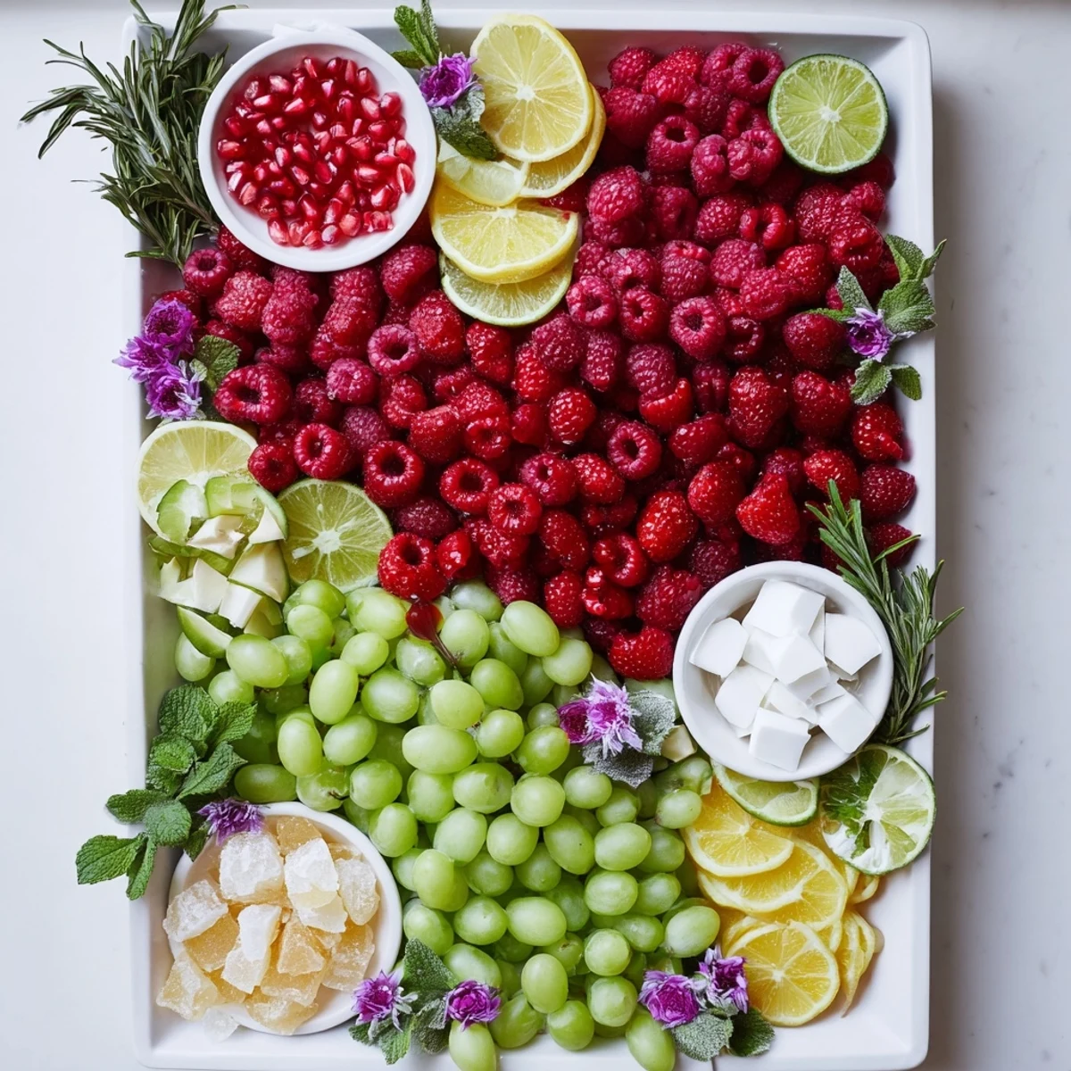 A beautiful Bubbly Bar New Years Eve Garnish Tray overflowing with fresh fruits and herbs, ready to adorn your drinks.