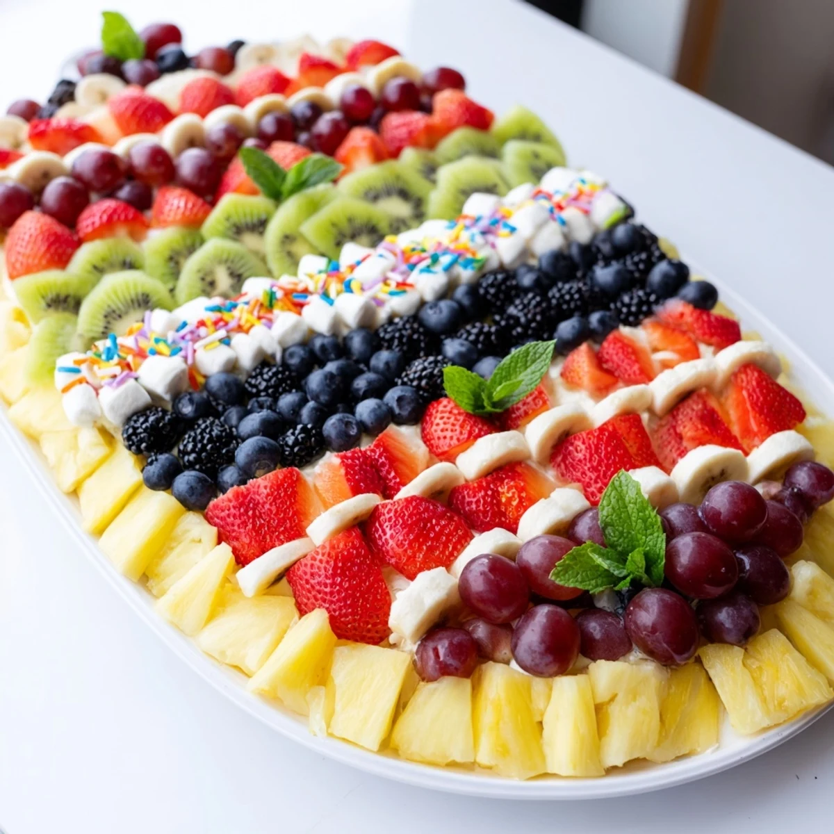 Vibrant, colorful Happy Birthday Cake Slice Fruit Board, a healthy and festive party appetizer to enjoy.