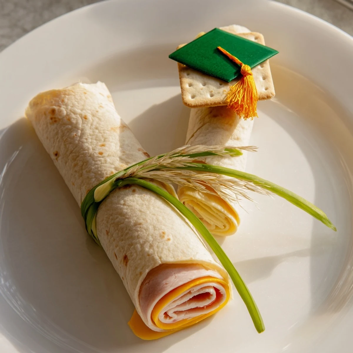Creative close-up of savory Graduation Cap Diploma Snack Wraps perfect for a celebratory appetizer.
