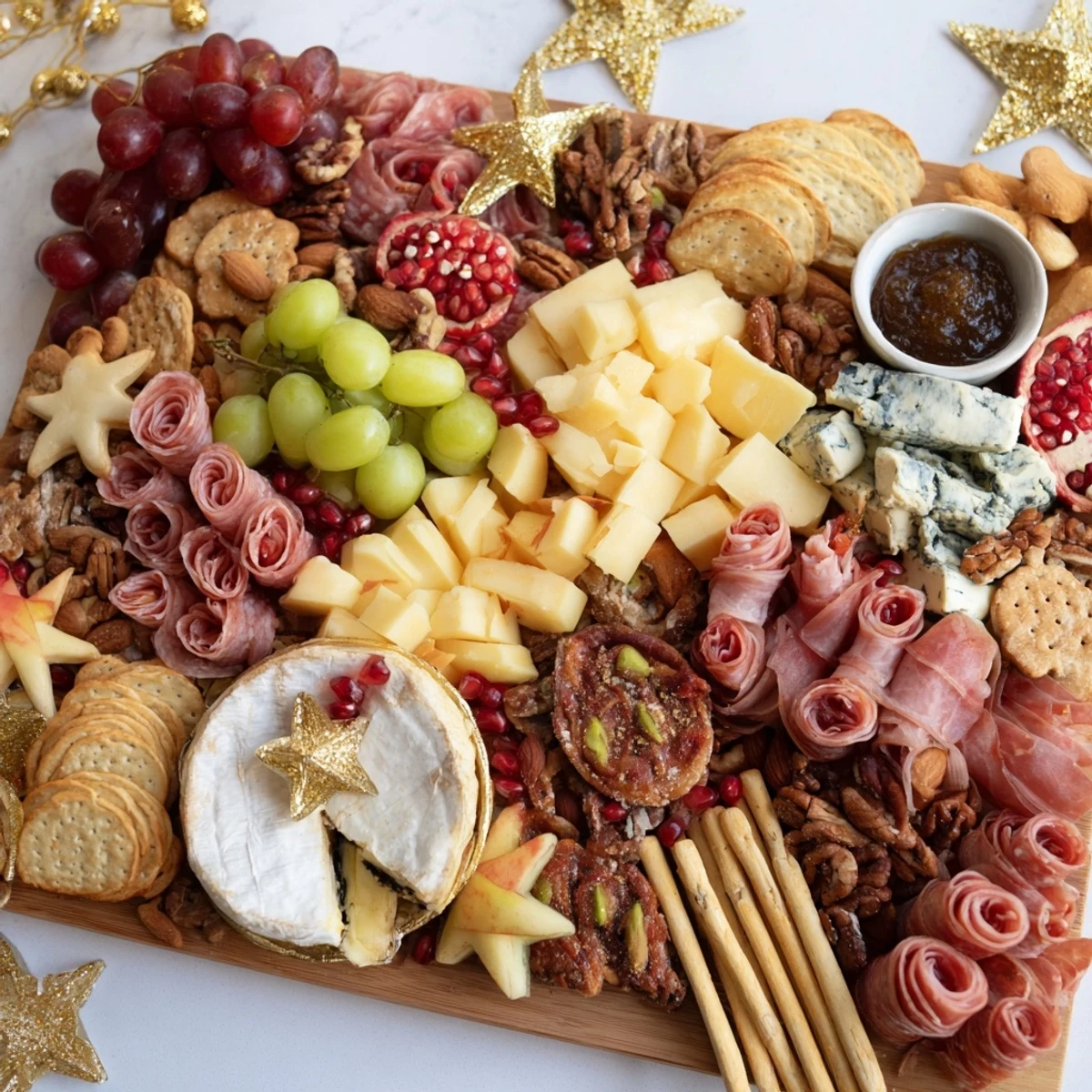 This Shining Bright Christmas 2025 Board presents a delicious array of appetizers in a visually stunning holiday arrangement.