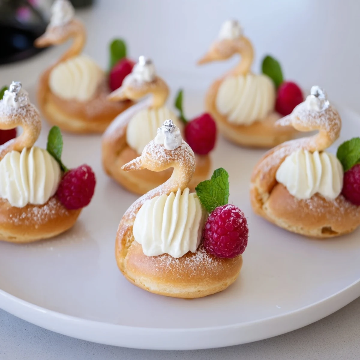 Light and fluffy Plateau Cygne Pâtisseries Aériennes sit on a platter, dusted with powdered sugar and fresh berries.