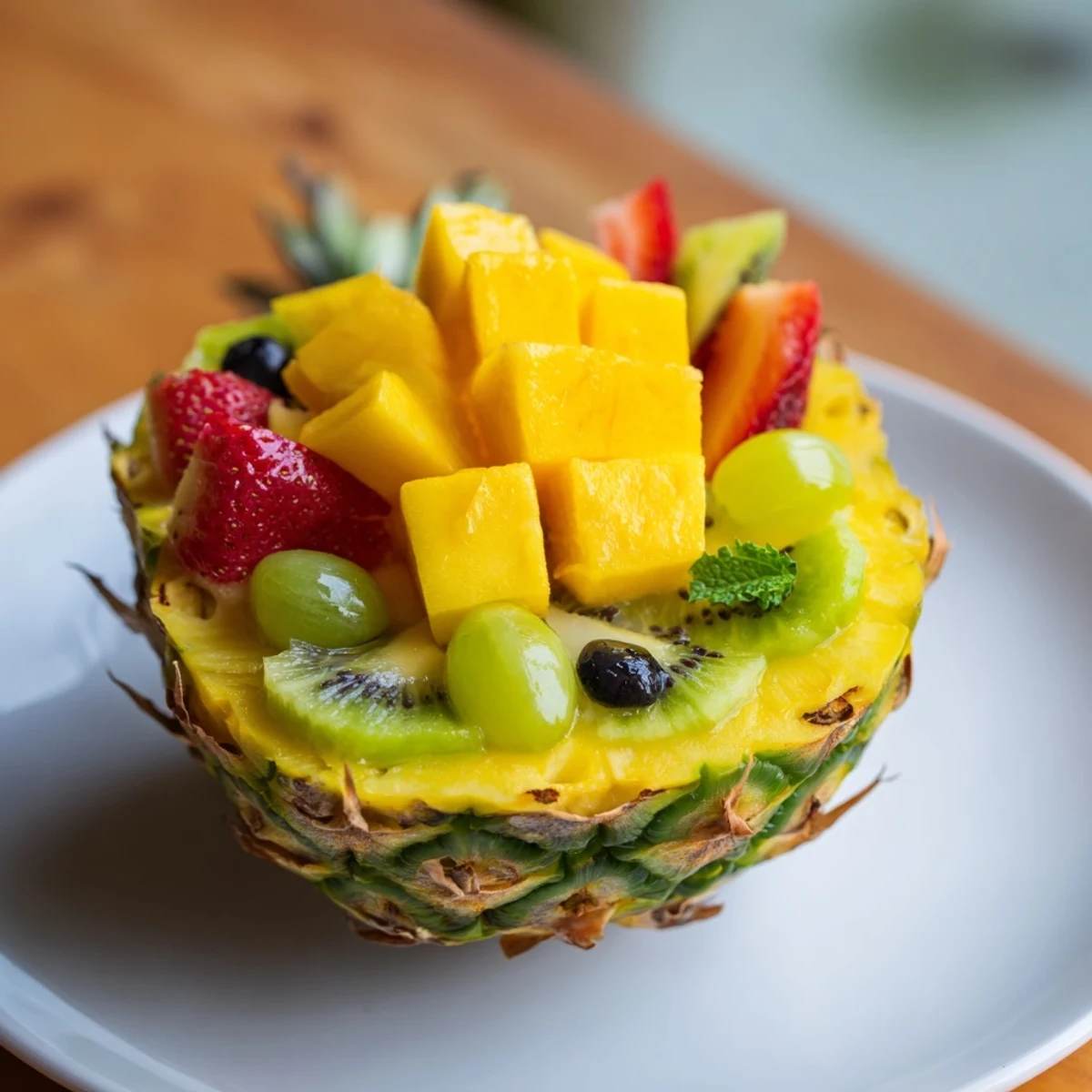 Beautiful Tropical Pineapple Fruit Boat overflowing with colorful fresh fruit salad, ready to enjoy.