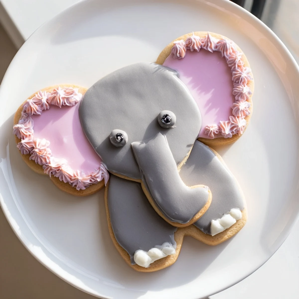 Freshly baked Biscuits Amical Éléphant Géant, each delightfully decorated with icing and candy eyes.