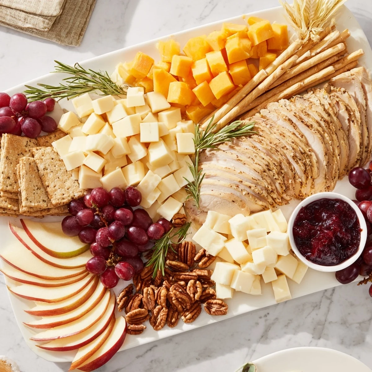 Festive Turkey Cheese and Cracker Board brimming with sliced turkey, creamy cheeses, and colorful fruits.