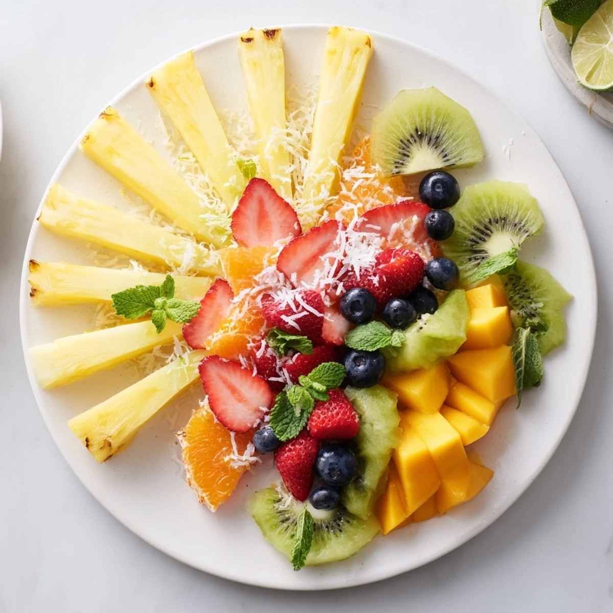 Colorful, delicious Tropical Pineapple Sun Fruit Platter, perfect for a vegan BBQ or summer dessert.
