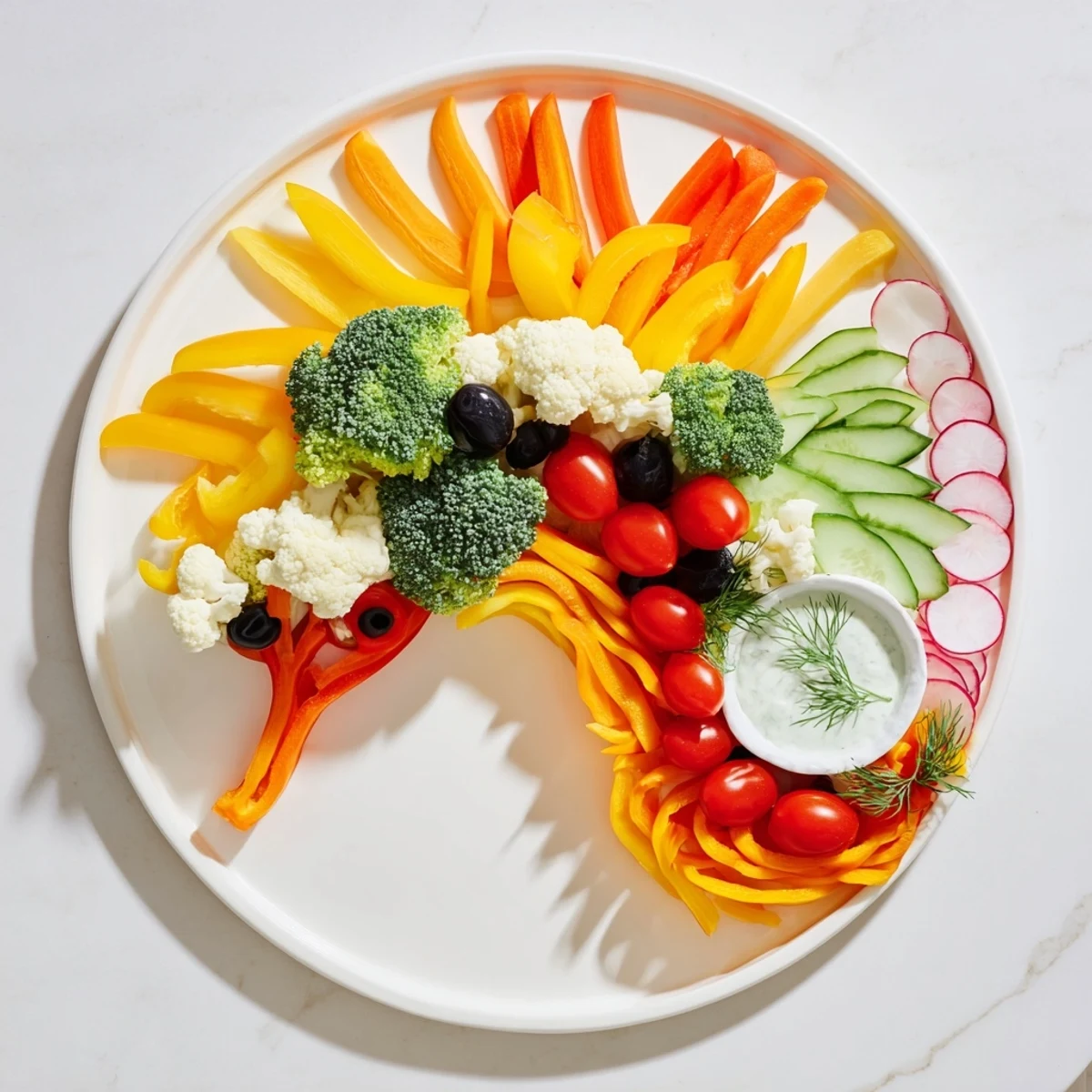 A whimsical Seahorse Veggie Dip Platter: Red, orange, and yellow bell peppers form the ocean-themed appetizer.