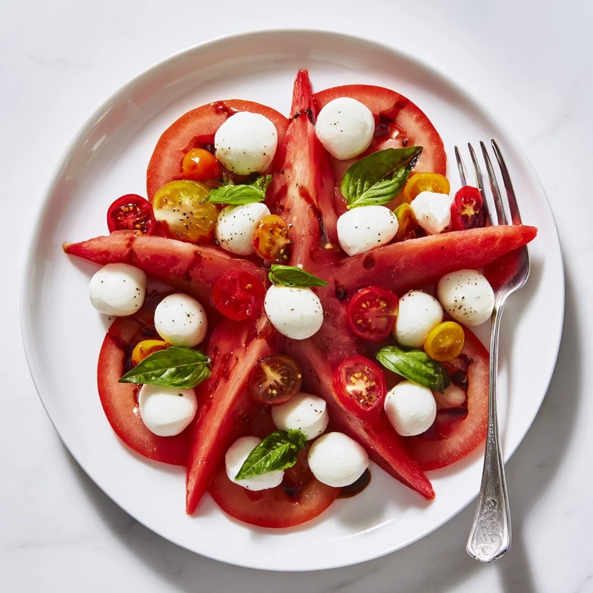 Fresh, colorful Starfish Caprese Salad with juicy tomatoes, and drizzled in balsamic glaze– perfectly Italian.
