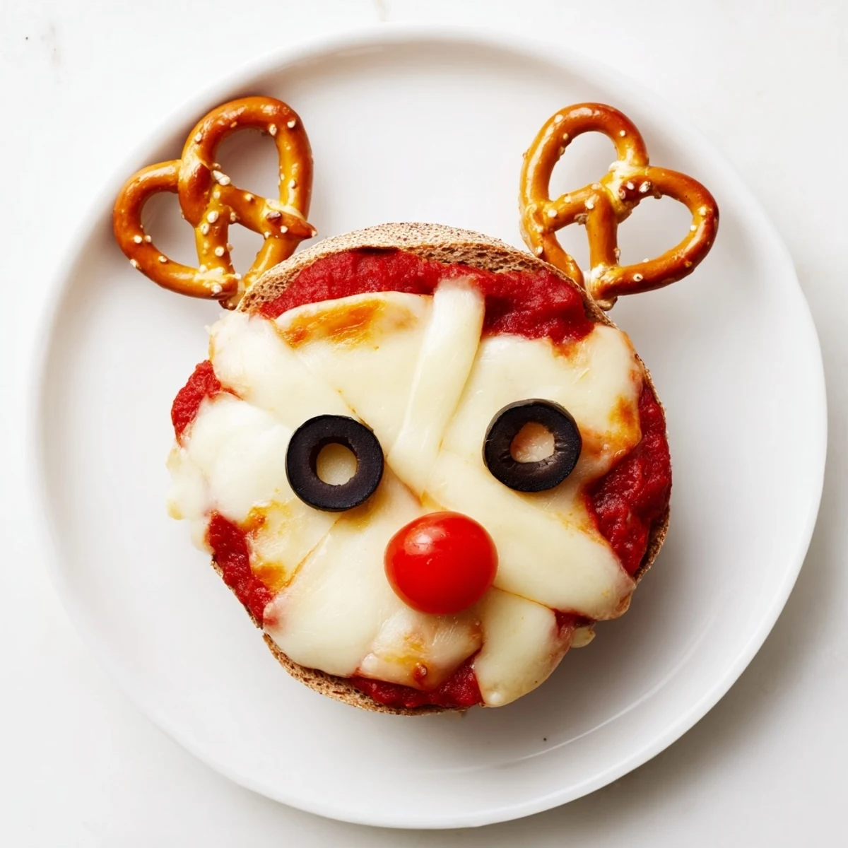 Cheesy Reindeer Face Pizza Bagels, featuring black olive eyes and vibrant cherry tomato noses, served warm.