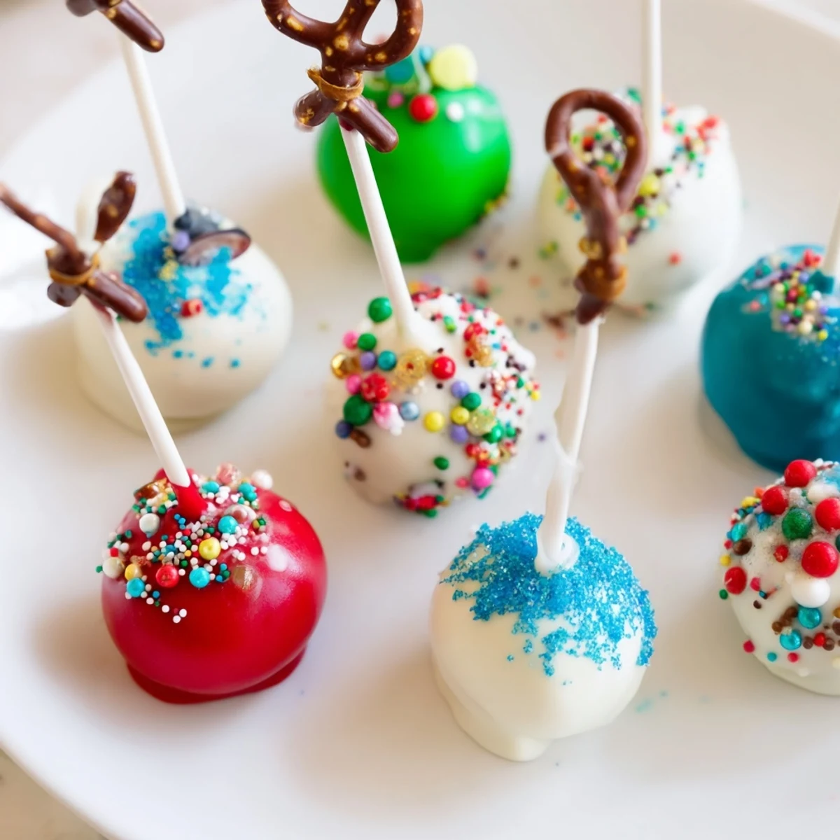 Festive Ornament Ball Cake Pops arranged on a decorative stand, perfect for a holiday dessert display.