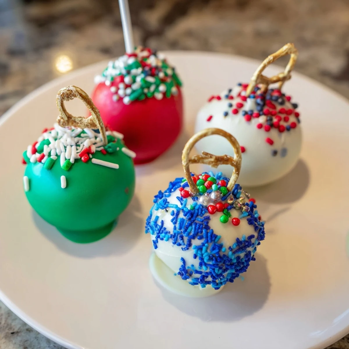 Vibrant Ornament Ball Cake Pops coated in colorful candy melt coatings and sprinkled with festive decorations.