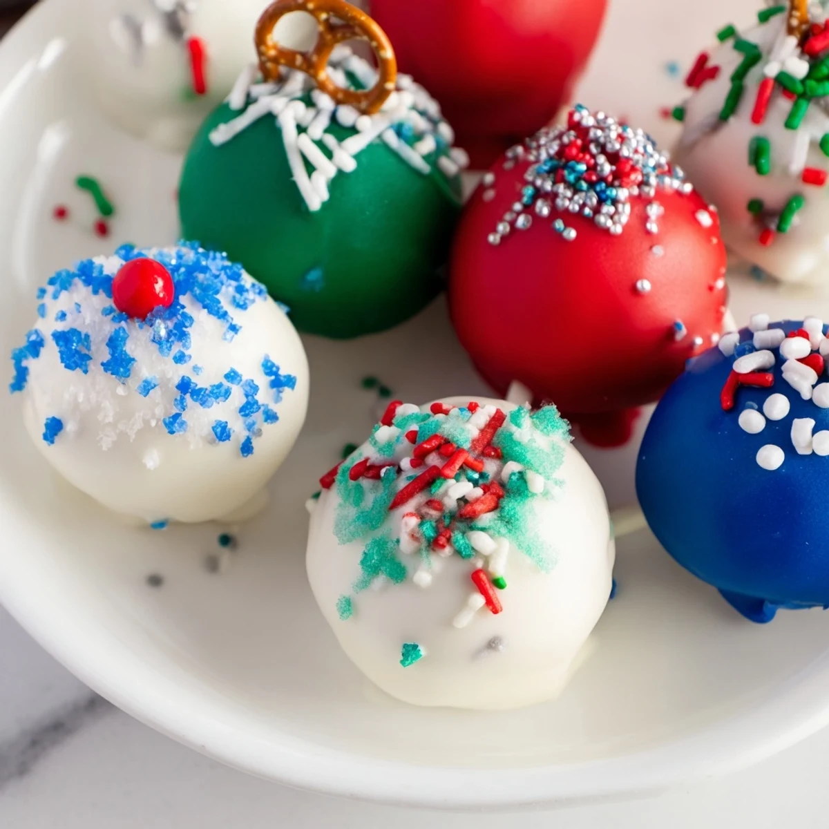 Close-up of a batch of homemade Ornament Ball Cake Pops ready for enjoying during holiday celebrations.