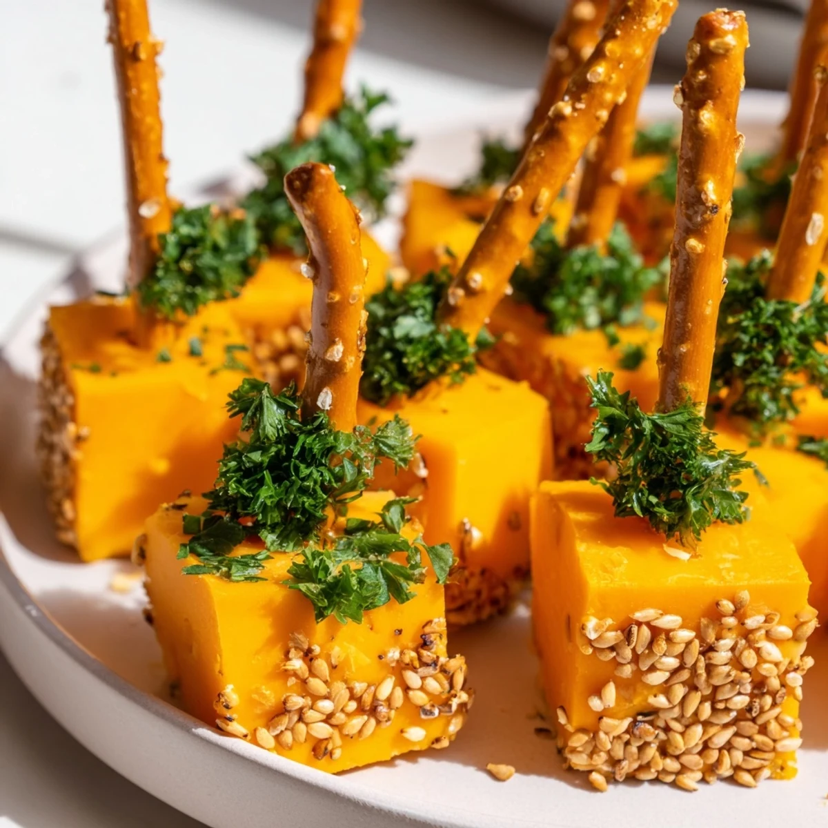 Close-up of savory NYE Cheese Sparklers, showcasing vibrant cheese cubes and crunchy pretzel sticks.