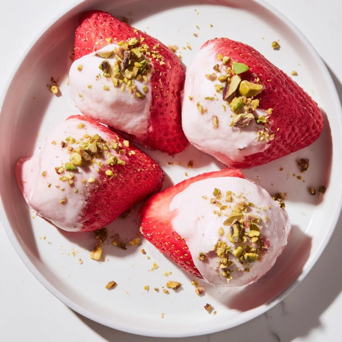 Crisp, juicy half-circles of Yogurt Dipped Strawberries, garnished with chocolate chips, ideal for a snack.