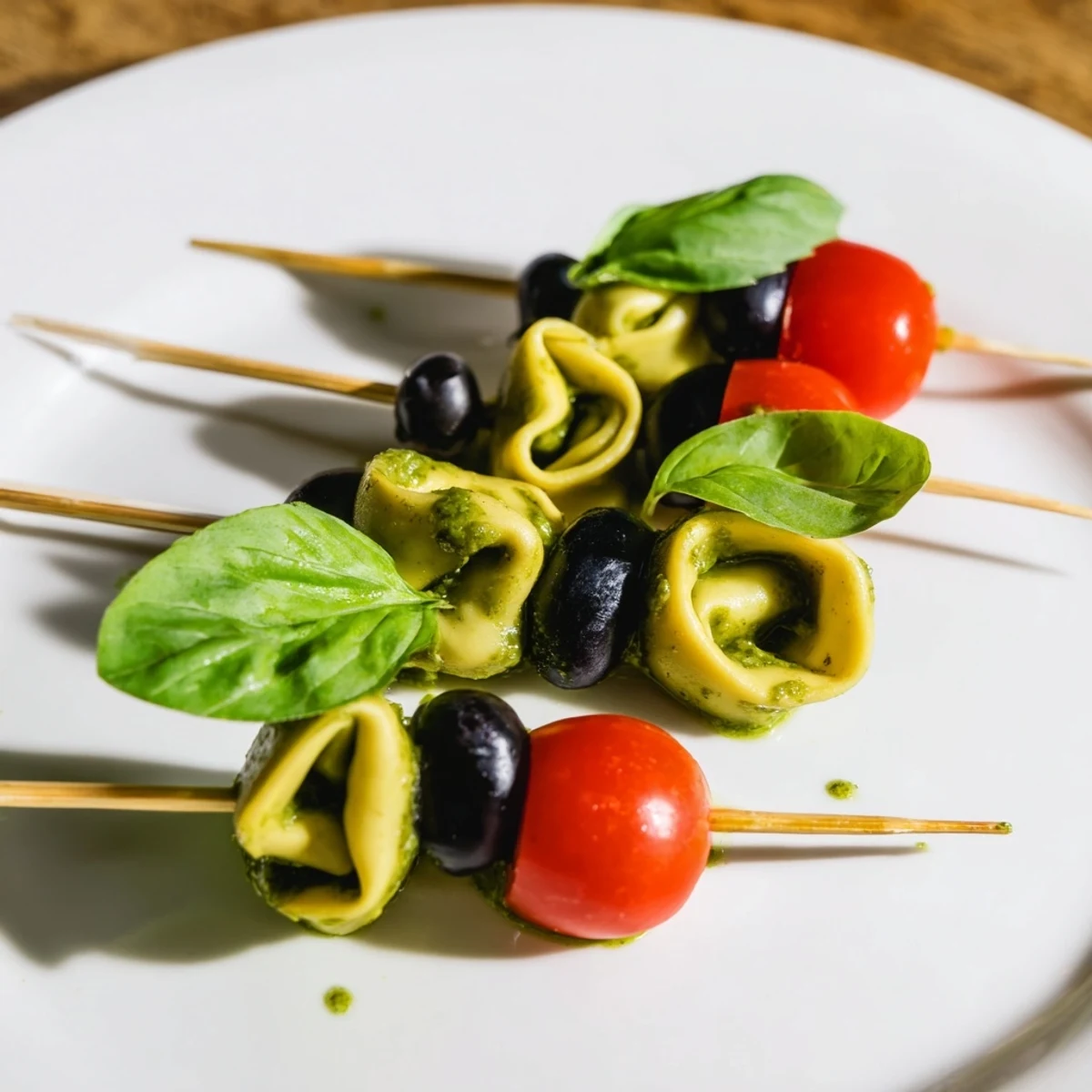 See perfectly assembled Appetizer Skewers, a medley of tortellini, layered with green and black olives for a party.