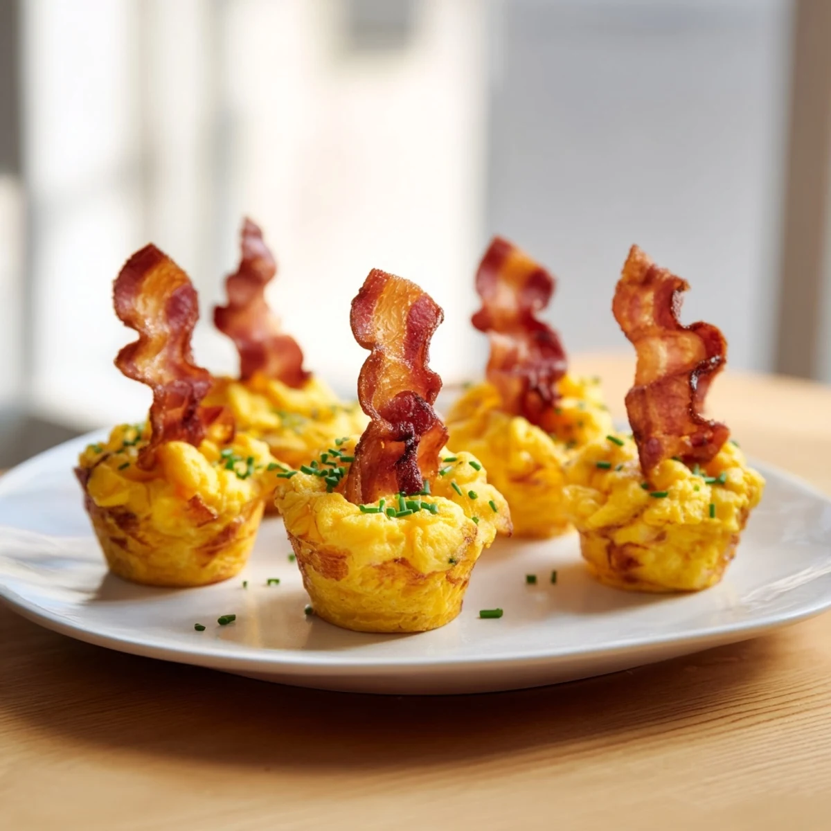 Muffin-tin baked Scrambled Egg Cups, each topped with a perfectly crispy bacon strip garnish.