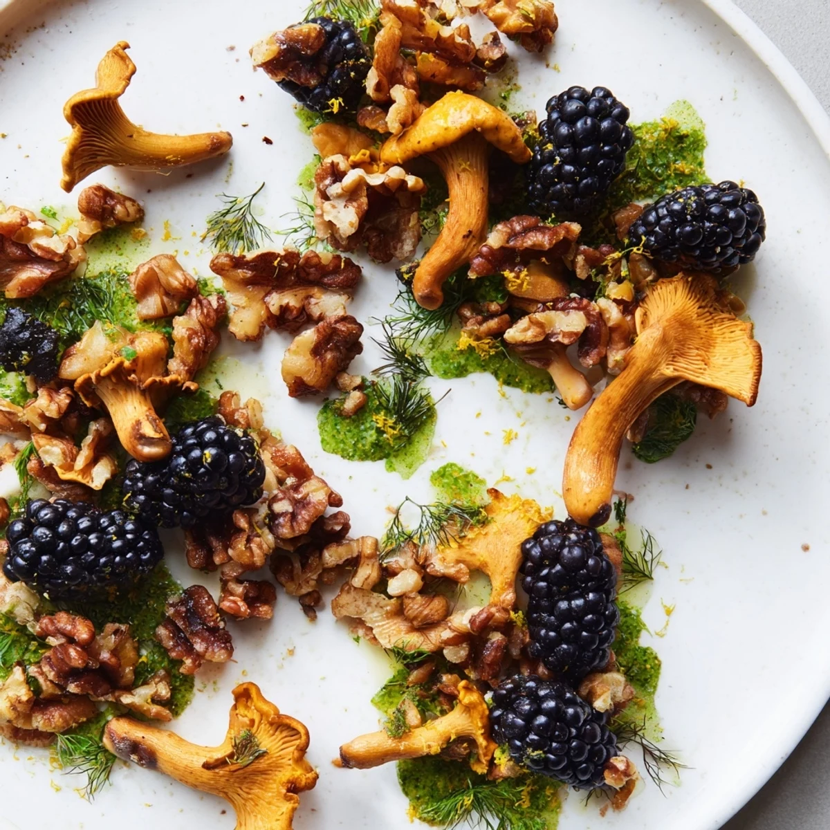 Vivid close-up of the Northwest Forest Forager appetizer, showcasing the rich textures of toasted nuts and herbs.