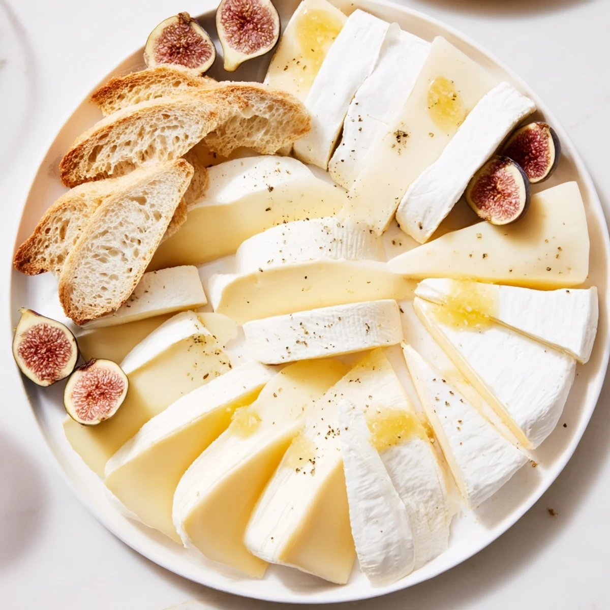 Exquisite French Bistro Elegance appetizer: inviting cheese and baguette arrangement with honey and mustard.