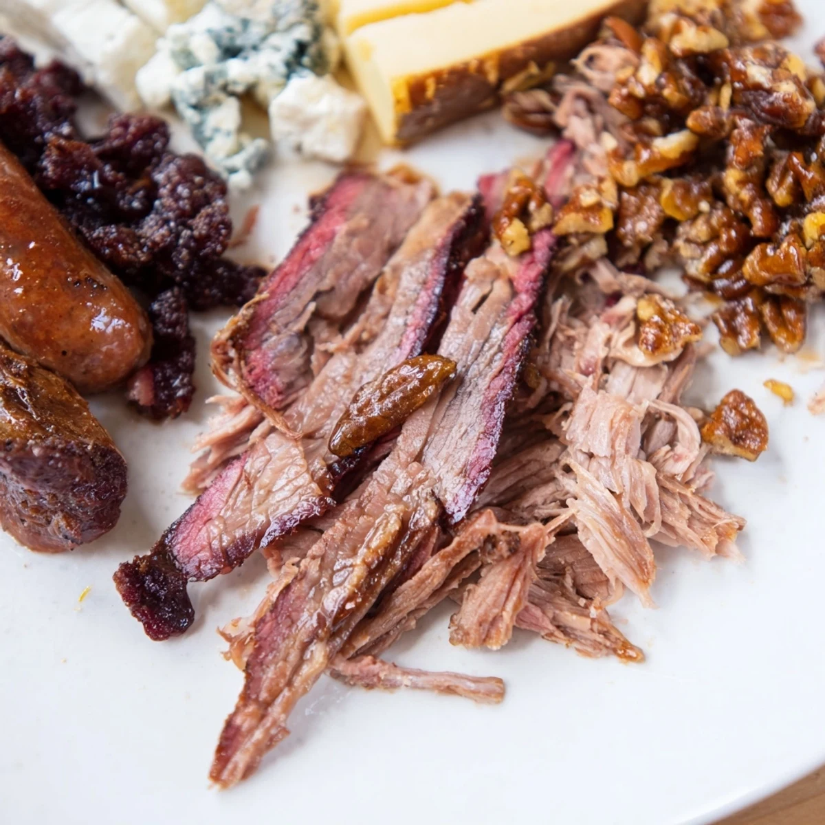 Smoky BBQ & Bourbon Companion charcuterie board filled with tender meats, cheeses, and candied pecans.