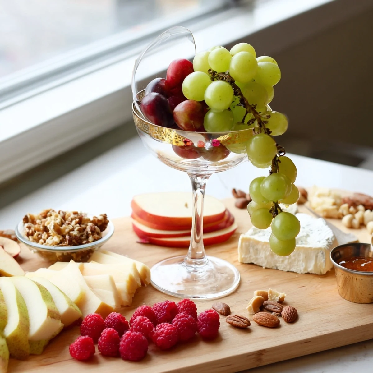 Champagne Waterfall Board overflowing with red grapes, cheese, and crackers, perfect for your next party.