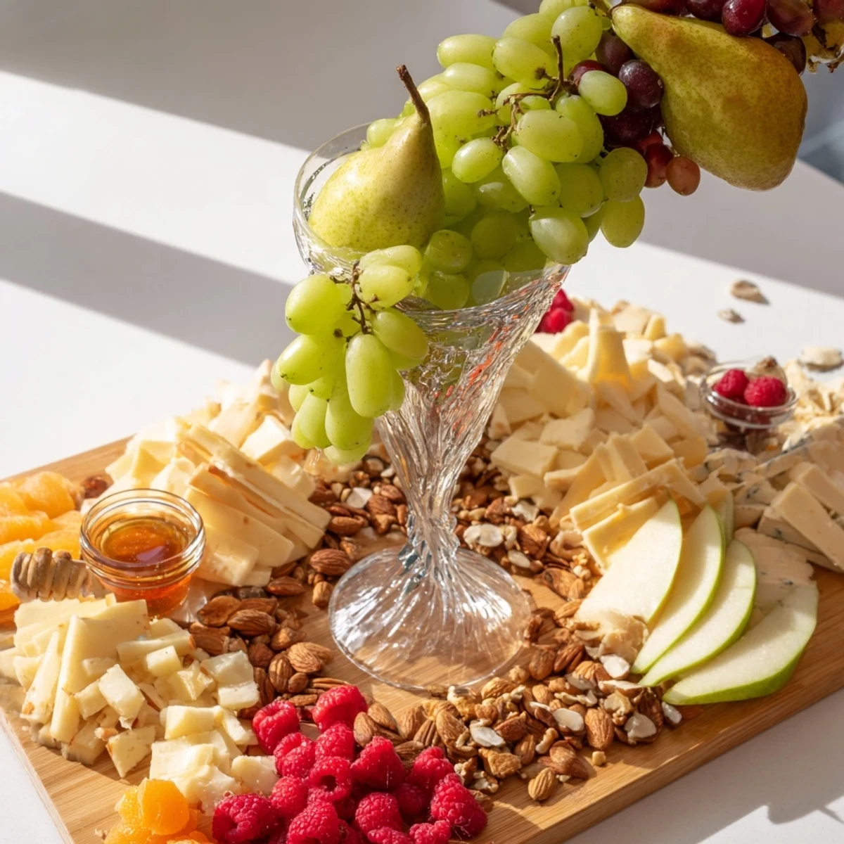 Vibrant Champagne Waterfall Board loaded with cheese, salami, and fruit—a delicious, festive grazing board at a glance.