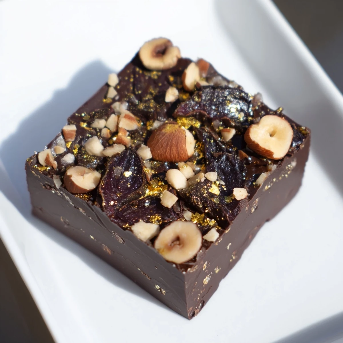 Close-up of the Midnight Mosaic dessert, highlighting the vibrant mosaic topping with a sprinkle of salt.