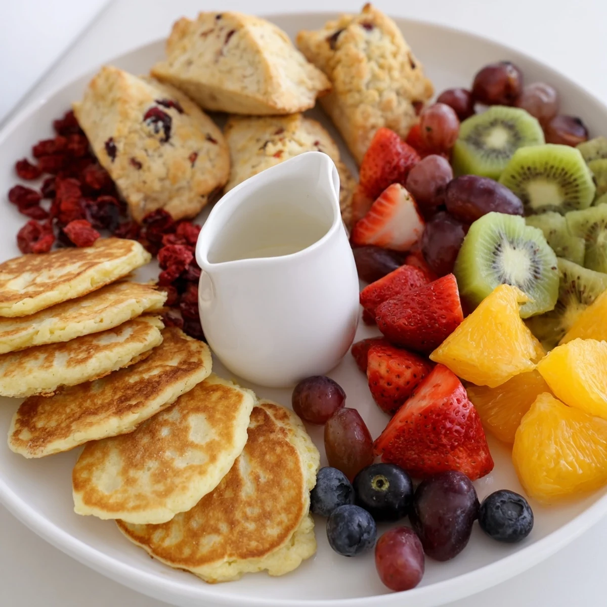 A beautifully arranged Breakfast Brunch Board Bliss features mini scones, berries, and a golden syrup pitcher.
