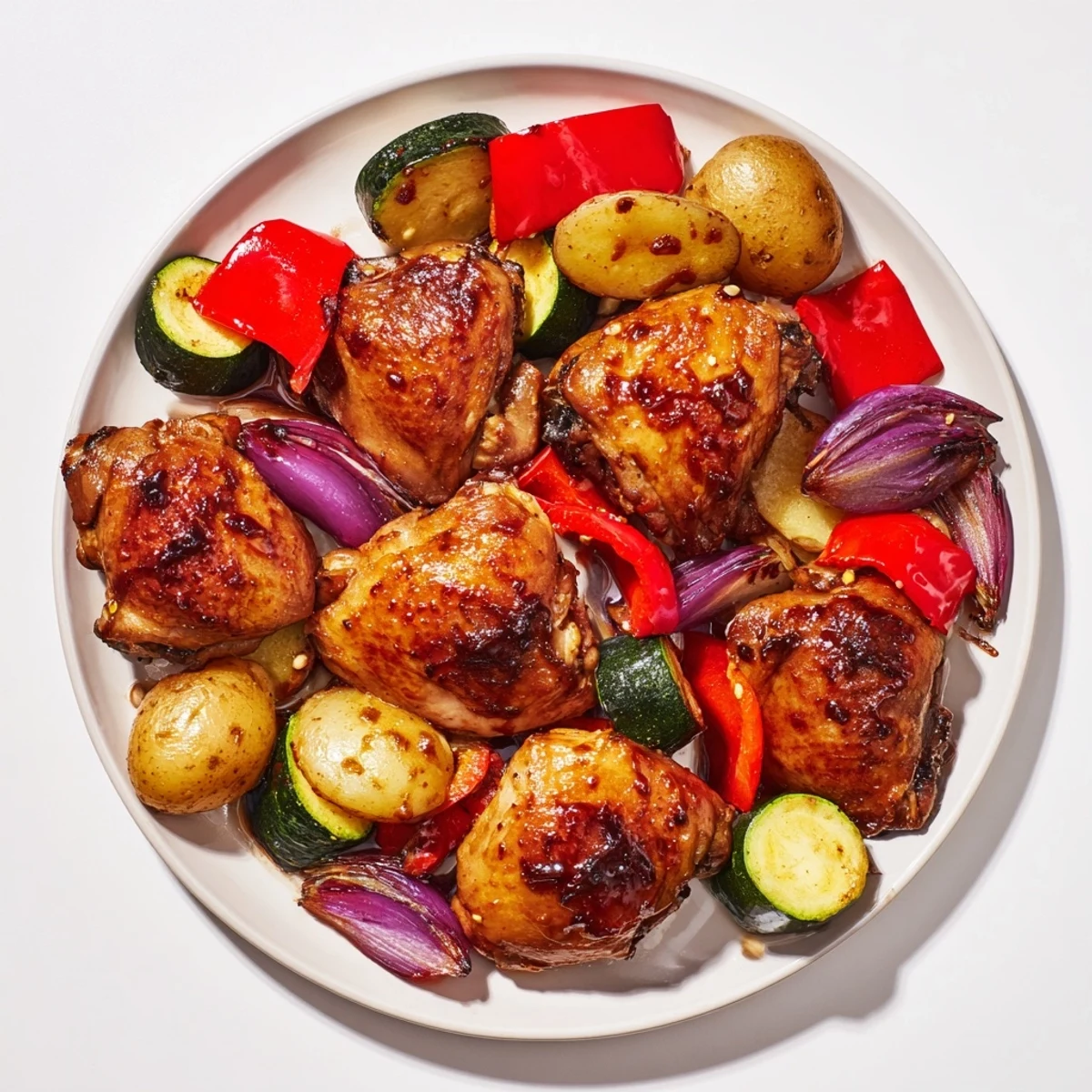 Black garlic and balsamic chicken sheet pan meal, glistening chicken with roasted vegetables, perfect for a weeknight dinner.
