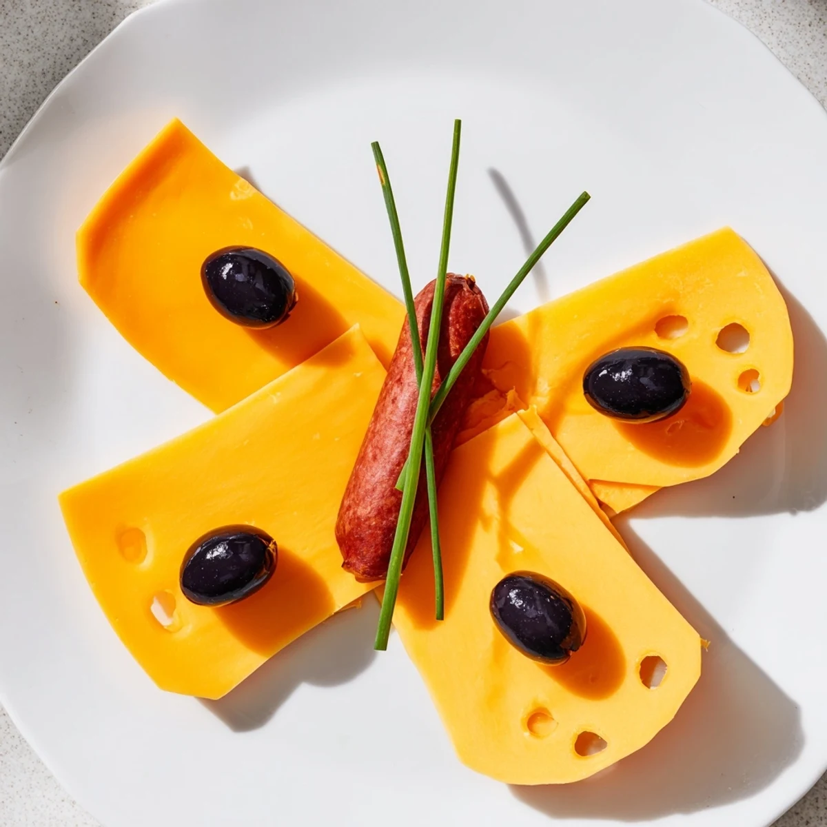 A vibrant platter of The Butterfly Migration appetizer, with cheddar wings and olive details.