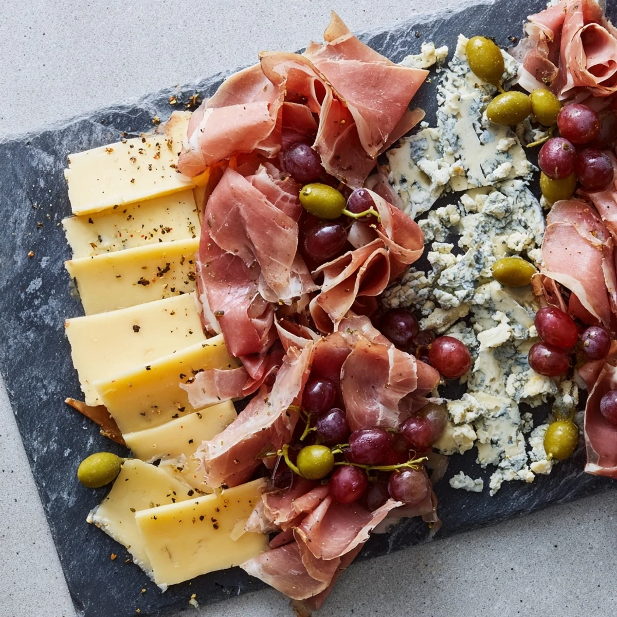 The Industrial Slate appetizer, showcasing lines of meats, cheeses, grapes, olives, and mustard.