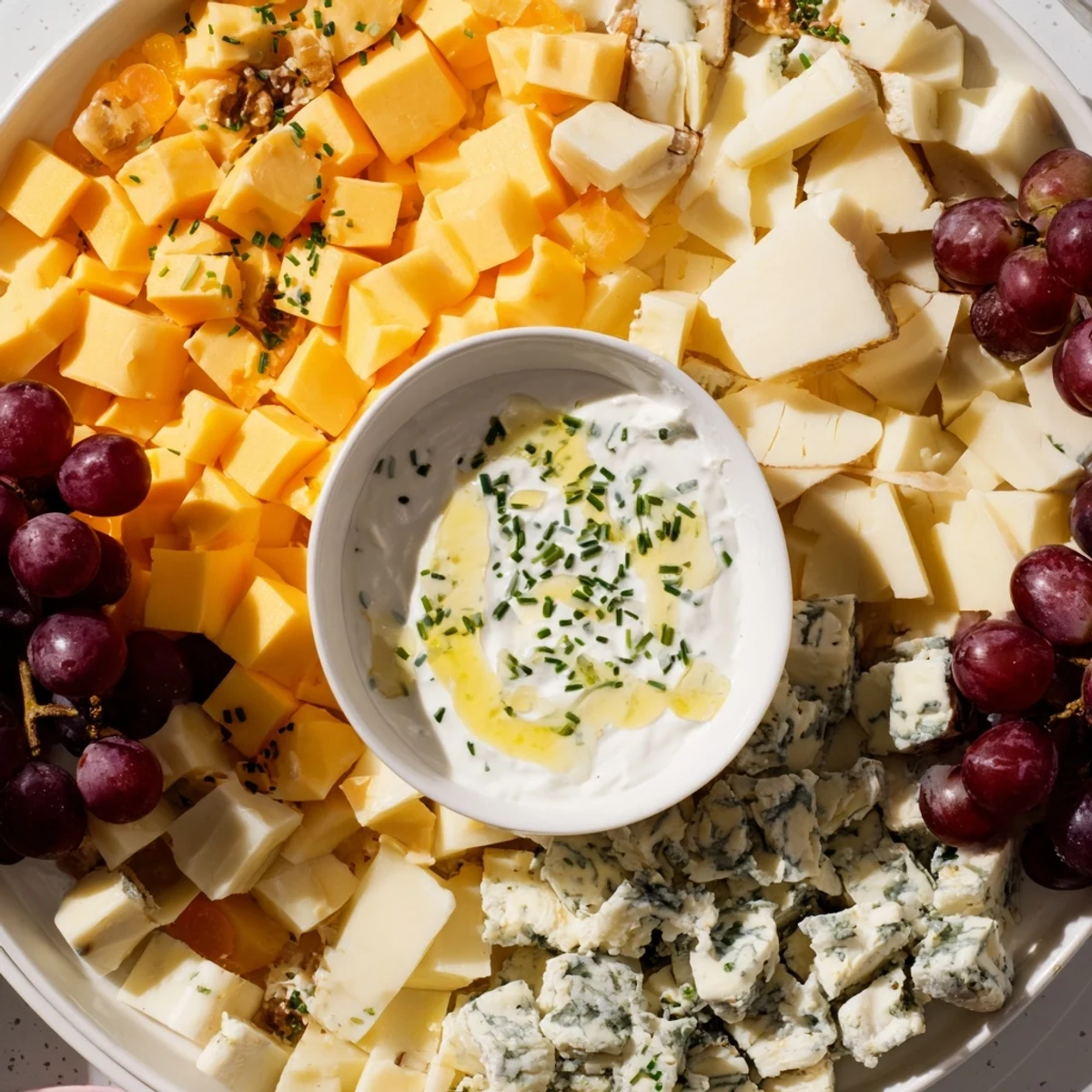 This Celtic Cross Cheese Platter showcases delicious cheese varieties, fruits, nuts, and a central dip.