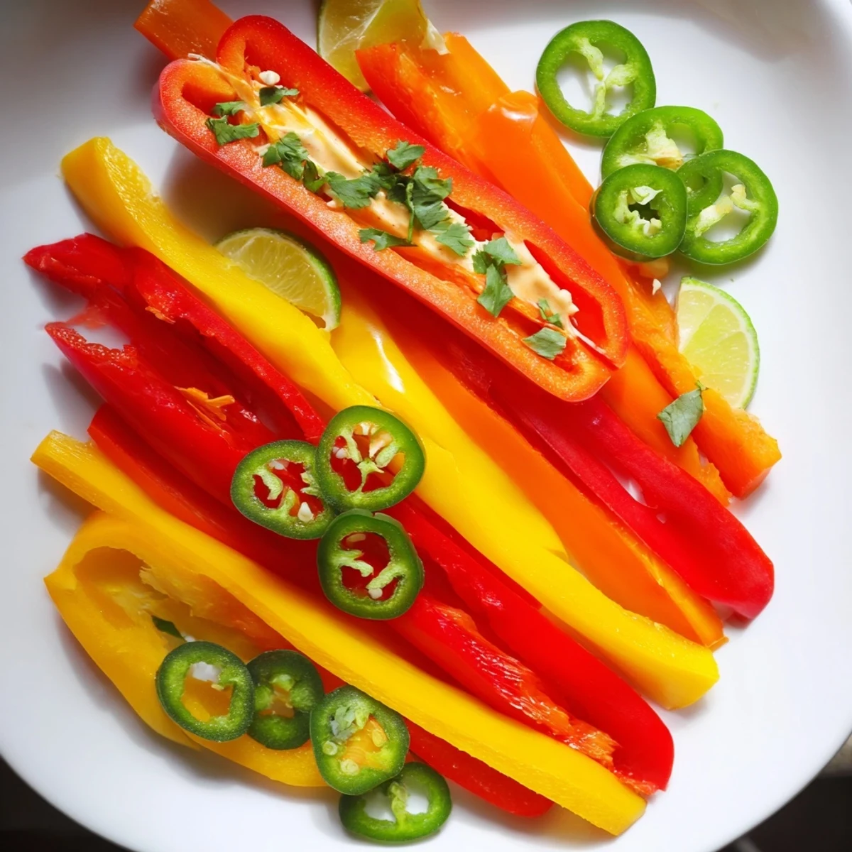 A visually appealing Spicy Chili Pepper Fiesta platter: arranged peppers with fresh guacamole and tortilla chips.