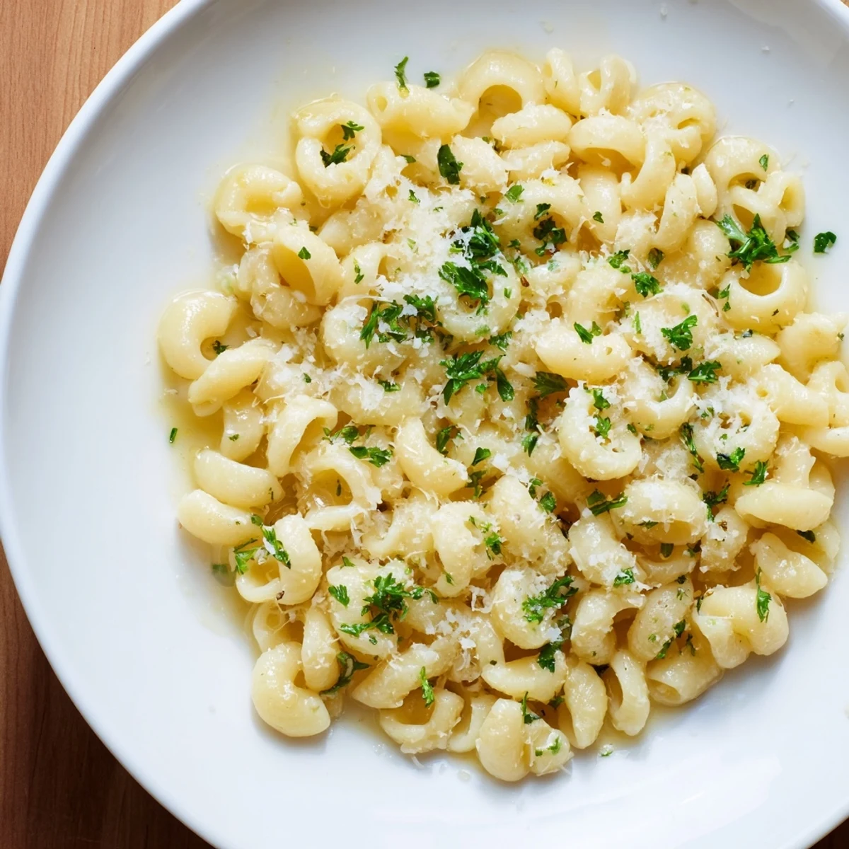 Close-up of creamy, flavorful one-pot garlic butter ditalini, a simple Italian-American comfort food dish.