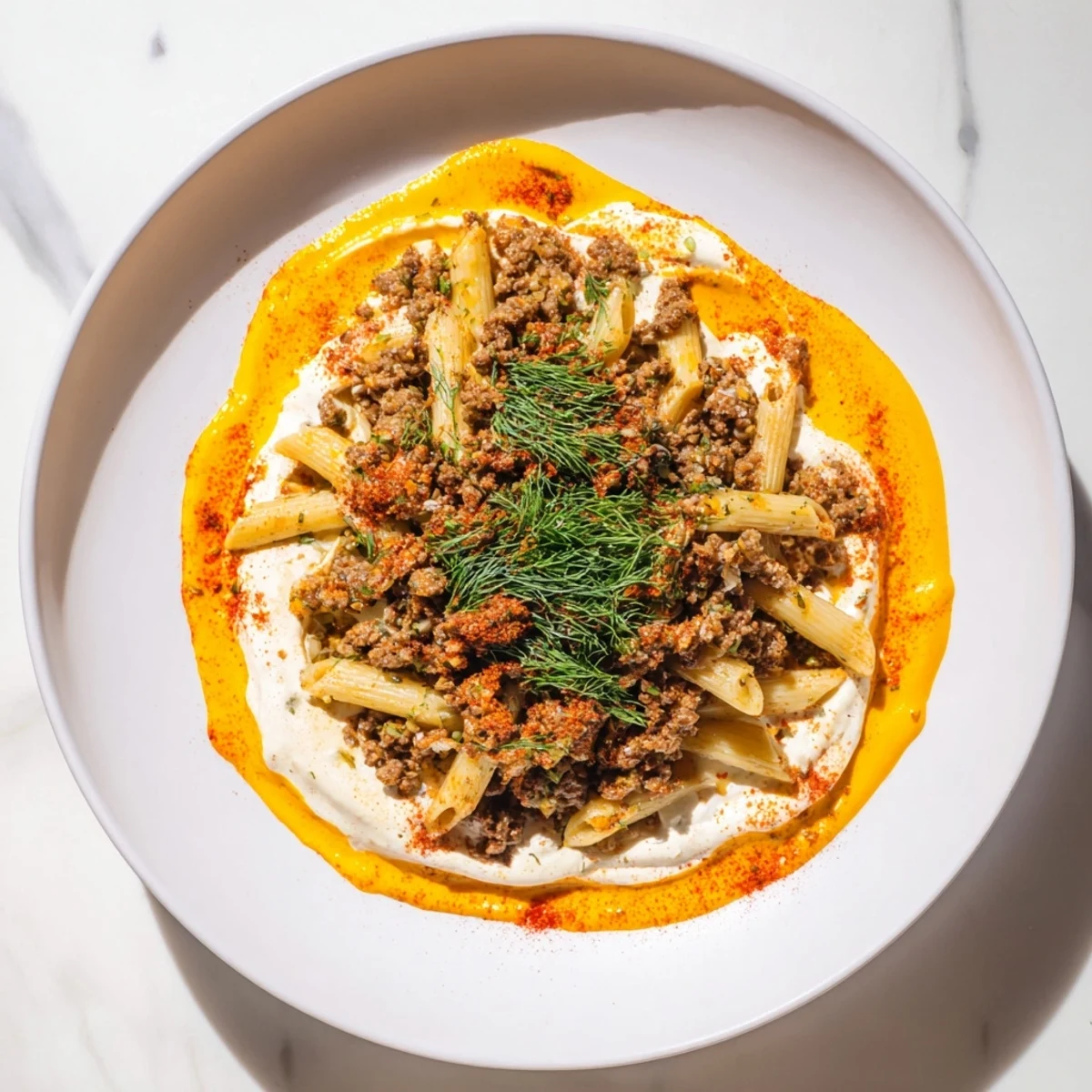 A comforting bowl of Turkish Pasta with Ground Turkey, creamy yogurt, and browned, spiced meat.