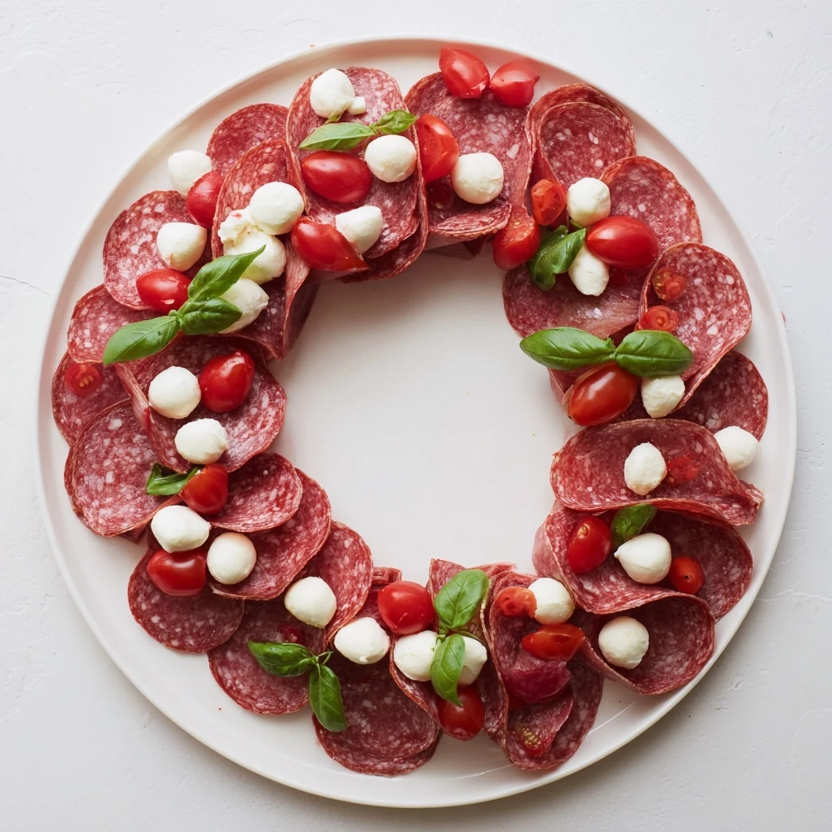 A vibrant close-up shows a folded salami wreath, garnished with fresh basil for a savory charcuterie board.
