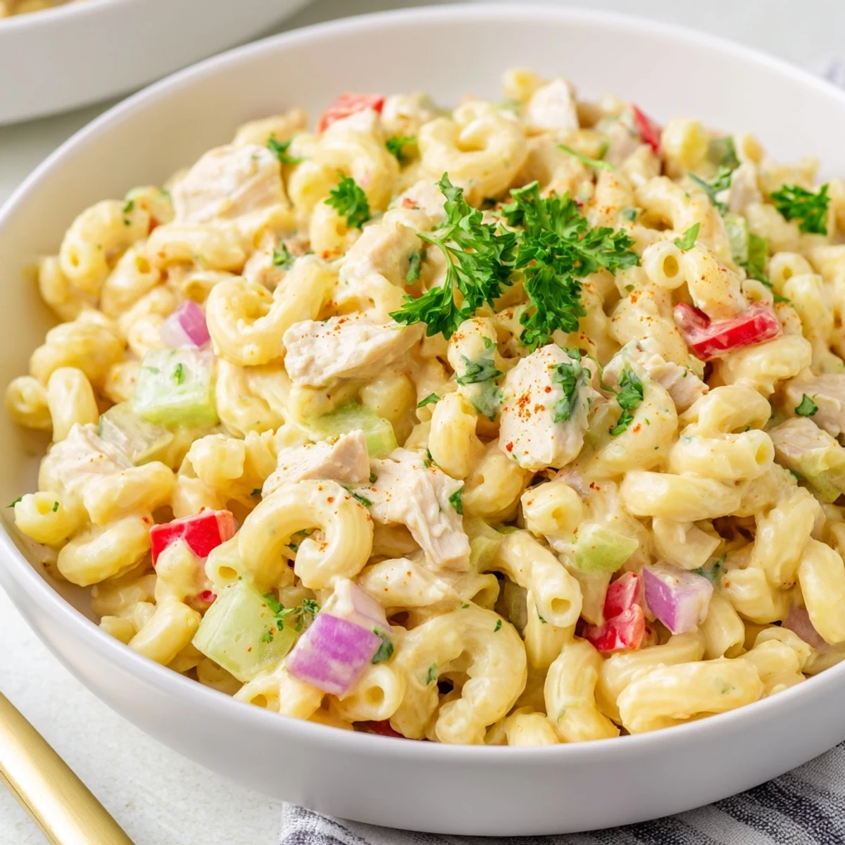 A vibrant bowl of Chicken Macaroni Holiday Salad, filled with creamy dressing and colorful vegetables.