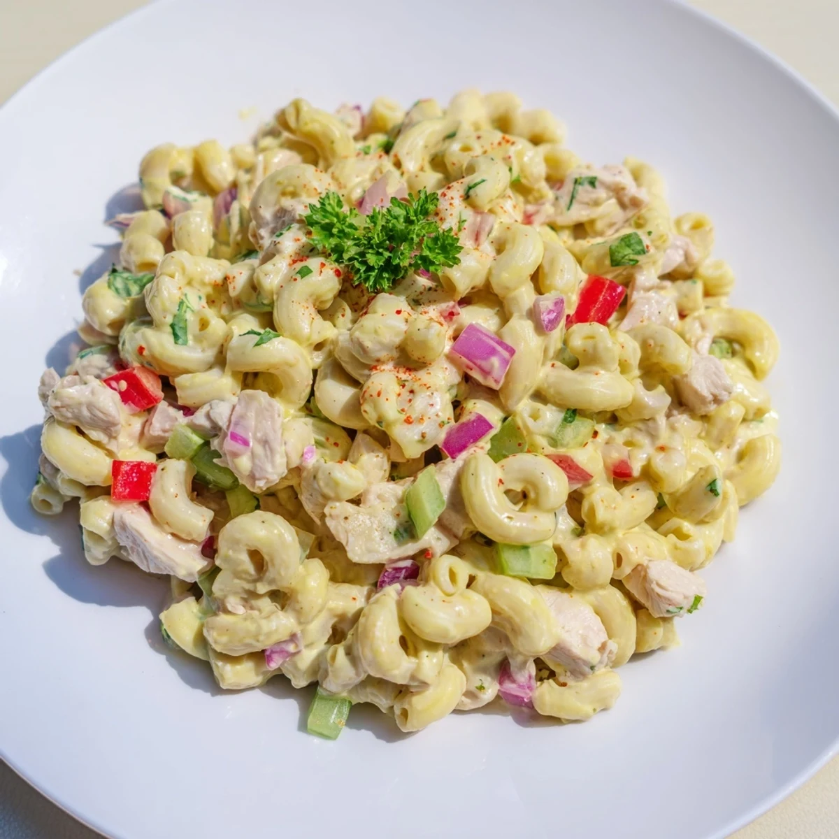 Chilled Chicken Macaroni Holiday Salad, with a creamy mayonnaise dressing and fresh parsley garnish.