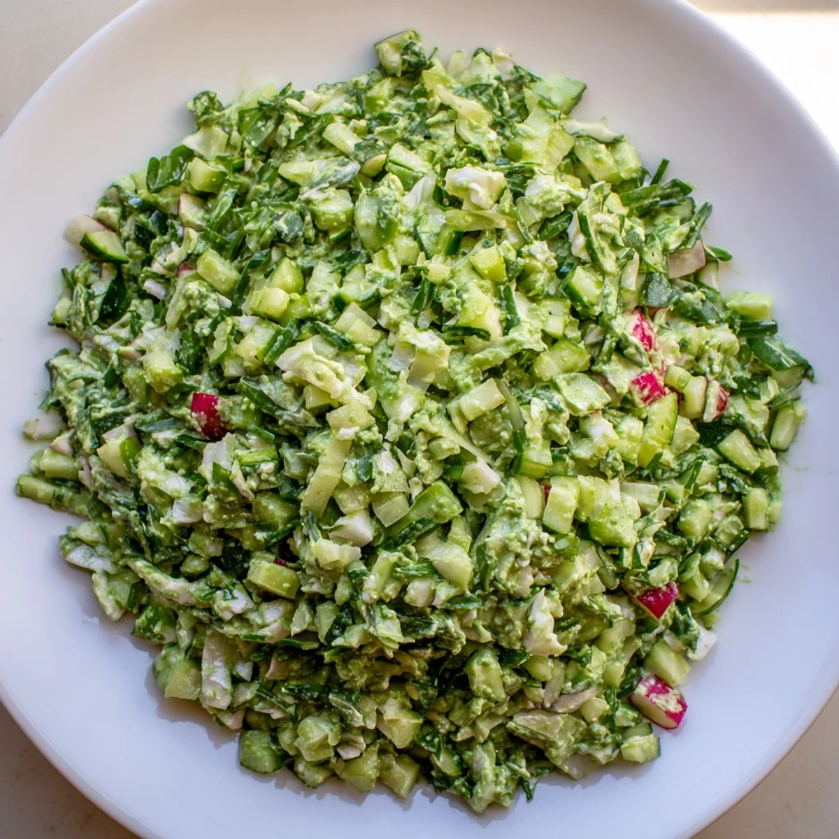 Vibrant green Green Goddess Cabbage Dip with finely chopped vegetables, ready for dipping and sharing.