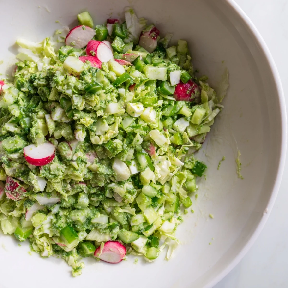 Close-up of fresh, creamy Green Goddess Cabbage Dip, served chilled as a refreshing appetizer.