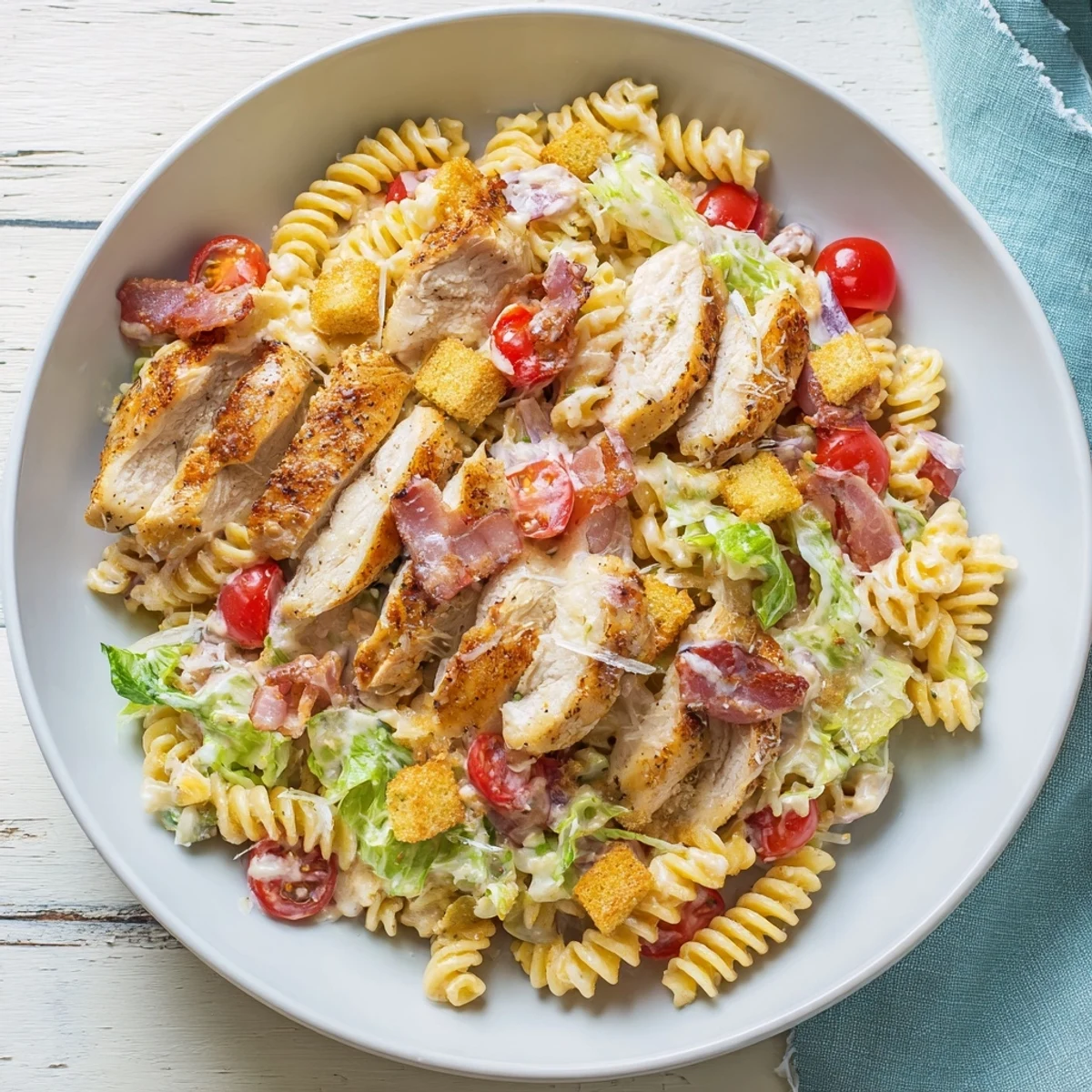 Close-up image shows a vibrant Chicken Caesar Pasta Salad with fresh lettuce and crumbled bacon.