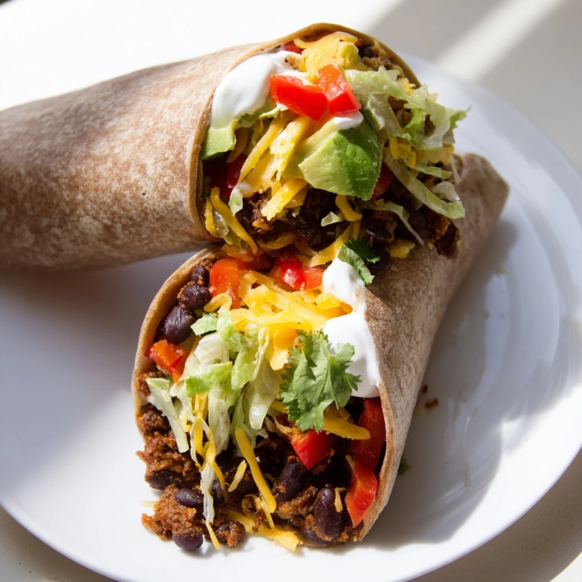 Steaming, flavorful Smoky Black Bean Burrito, loaded with fresh vegetables and creamy avocado slices.